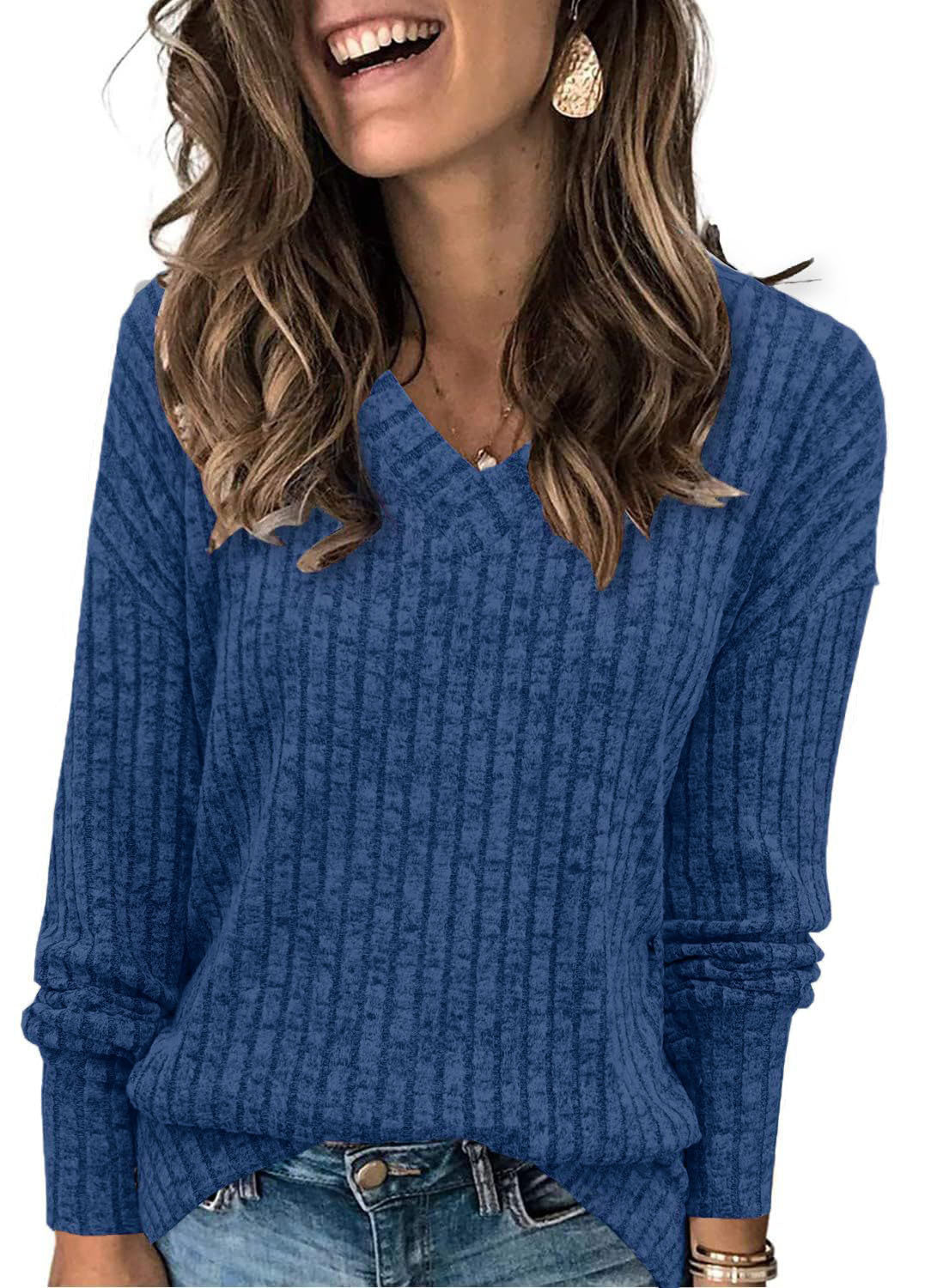 🍂Autumn Hot Sale 53% OFF🔥Women's V Neck Long Sleeve Solid Sweater