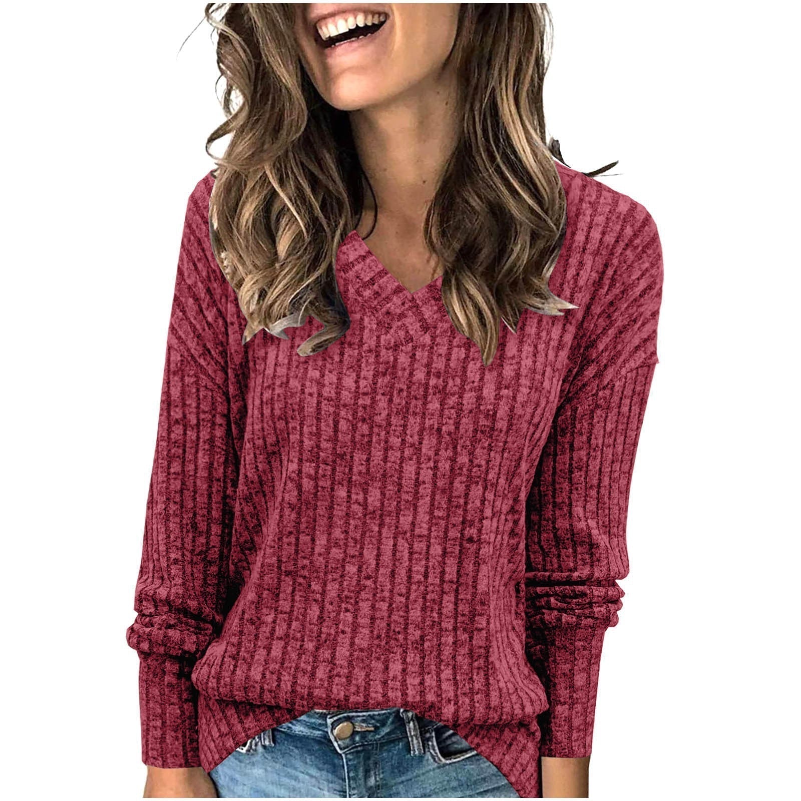 🍂Autumn Hot Sale 53% OFF🔥Women's V Neck Long Sleeve Solid Sweater