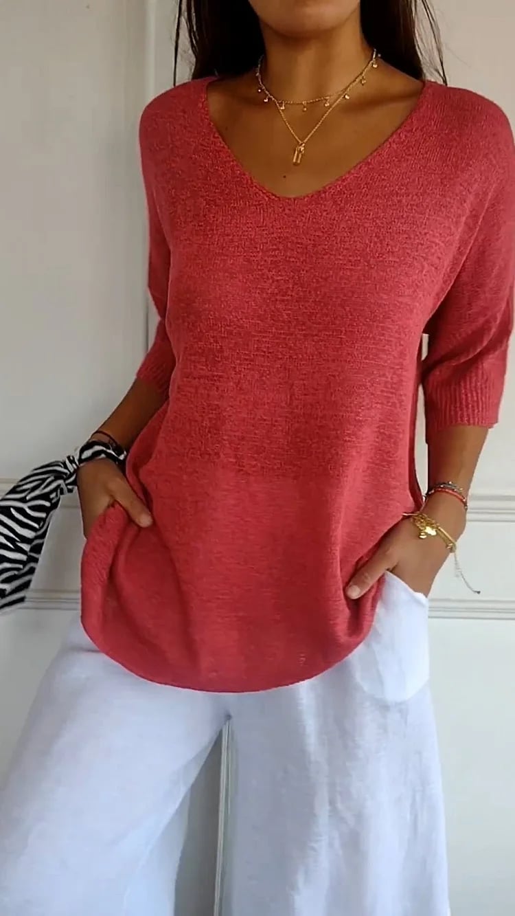 💎 60% OFF! 💎 Solid Color Knitted V-Neck Top – Minimalist Elegance, Breathable Comfort & Timeless Style 🥰👚