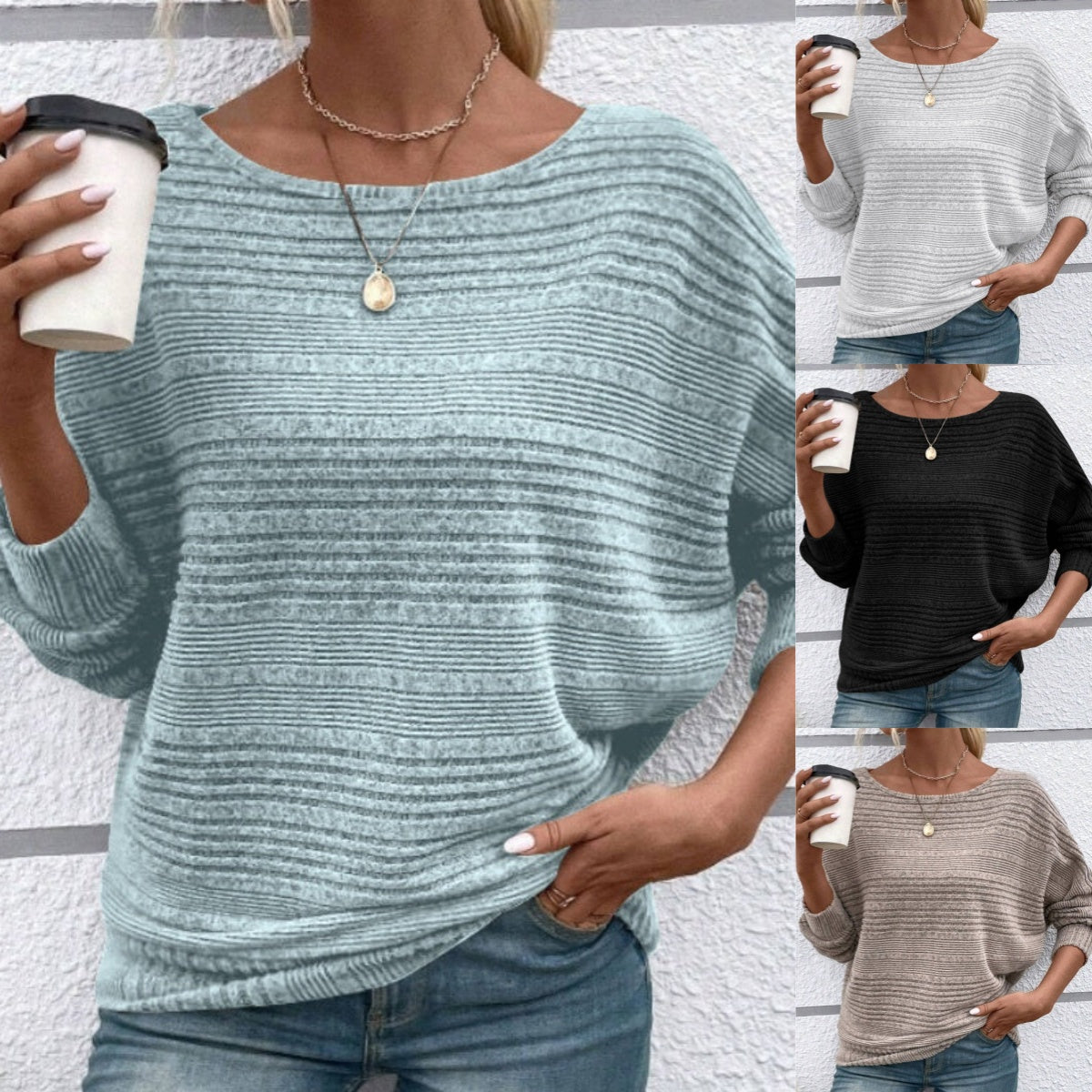 Autumn Sale-50% Off🌹Solid Round-Neck Striped Top with Long Sleeves