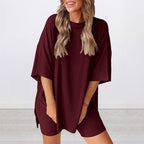 🌸Casual Oversized 2-Piece Lounge Set with Crewneck & Split Hem💃