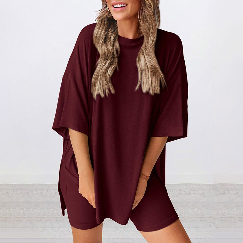🌸Casual Oversized 2-Piece Lounge Set with Crewneck & Split Hem💃
