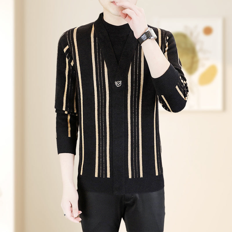 ✨Warm and stylish✨Men's Knit Striped Faux Two Piece Sweater