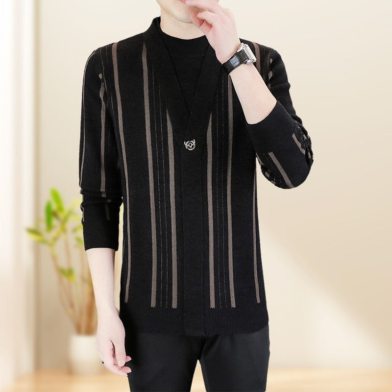 ✨Warm and stylish✨Men's Knit Striped Faux Two Piece Sweater