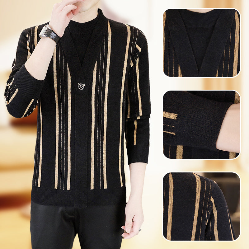 ✨Warm and stylish✨Men's Knit Striped Faux Two Piece Sweater
