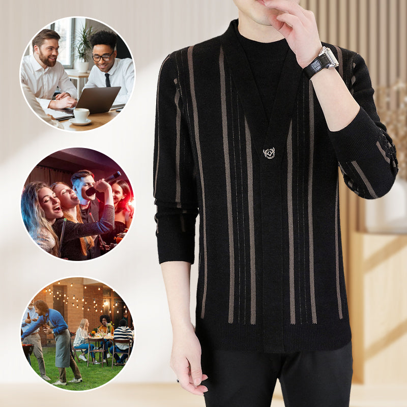 ✨Warm and stylish✨Men's Knit Striped Faux Two Piece Sweater