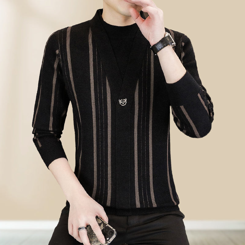 ✨Warm and stylish✨Men's Knit Striped Faux Two Piece Sweater