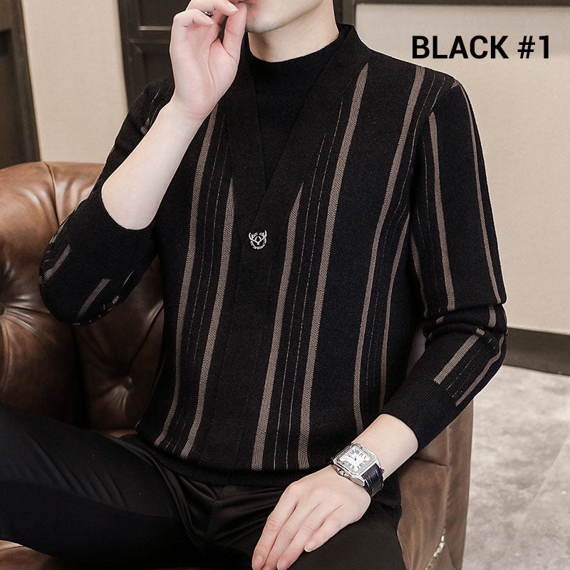 ✨Warm and stylish✨Men's Knit Striped Faux Two Piece Sweater