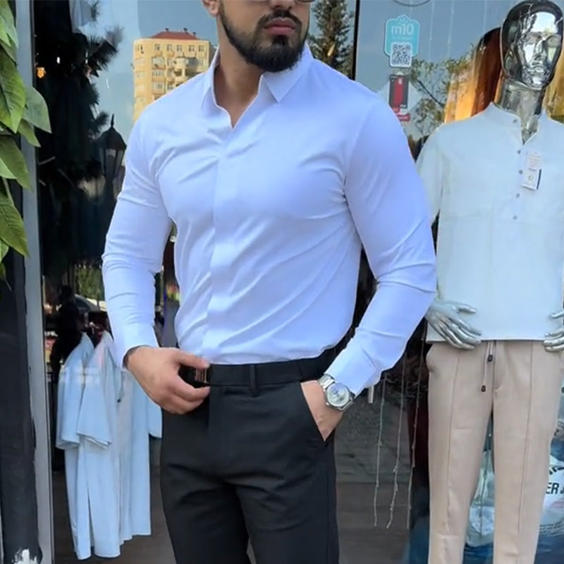 Men's Casual Slim-Fit Solid-Color Premium Shirt