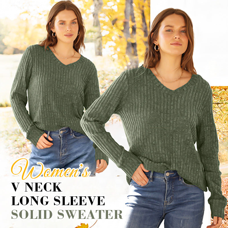 🍂Autumn Hot Sale 53% OFF🔥Women's V Neck Long Sleeve Solid Sweater