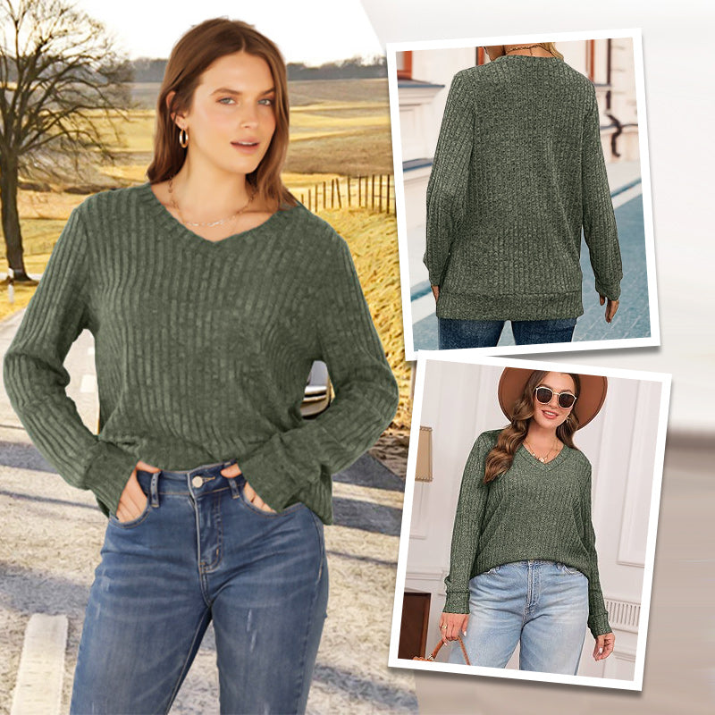 🍂Autumn Hot Sale 53% OFF🔥Women's V Neck Long Sleeve Solid Sweater