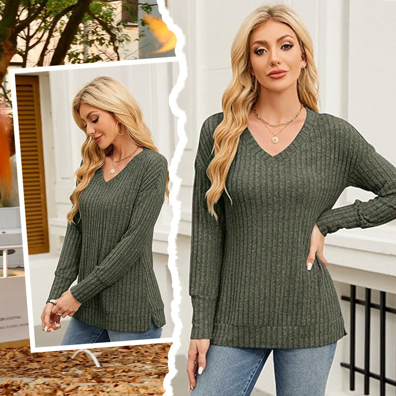 🍂Autumn Hot Sale 53% OFF🔥Women's V Neck Long Sleeve Solid Sweater