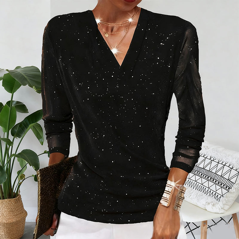🔥Hot Sale Offers-Women's Sparkle Crossover V-Neck Long Sleeve Top
