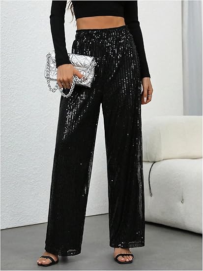 🎄Today's 60% Off Sale🎉Women's Sequin Sparkle Wide Leg Pants with Elastic Waistband