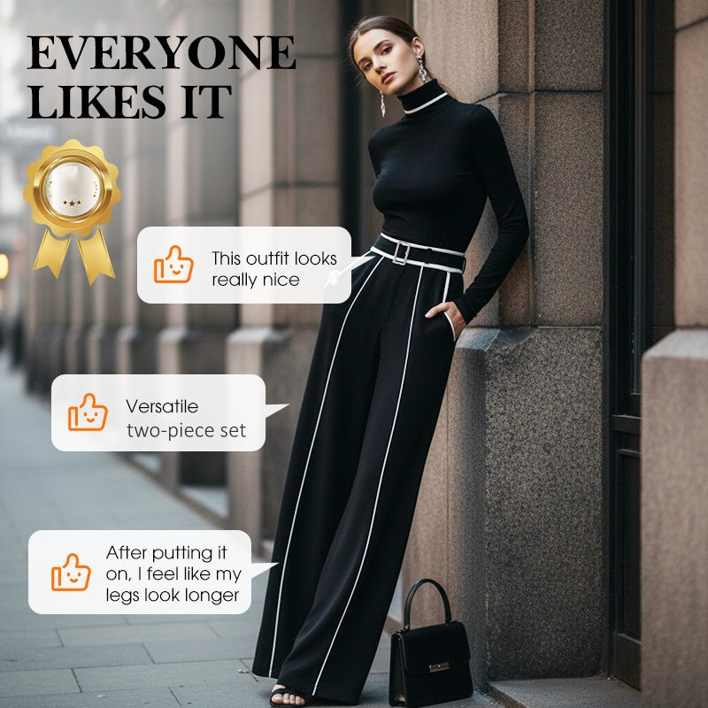 Women's High-Neck Tops & Wide-Leg Pants 2-Piece Set