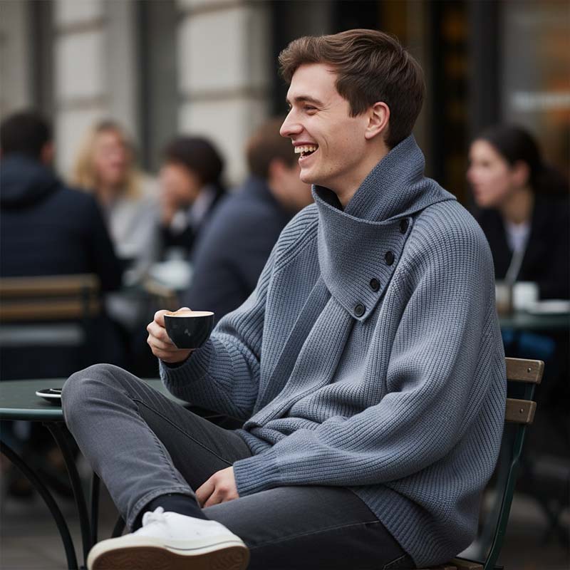 Unisex Casual Ribbed Sweater with Detachable Scarf