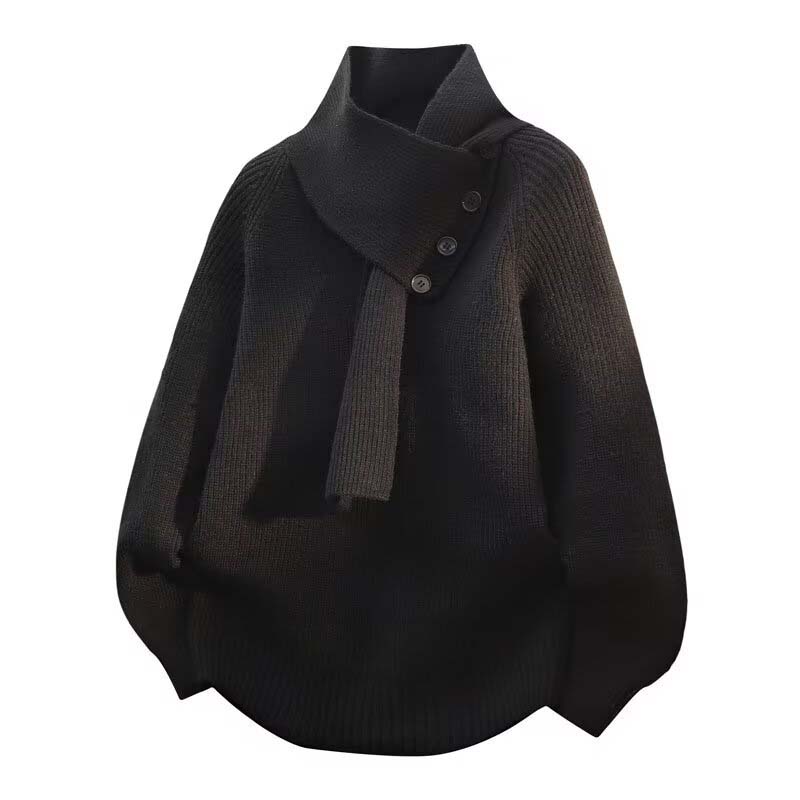 Unisex Casual Ribbed Sweater with Detachable Scarf