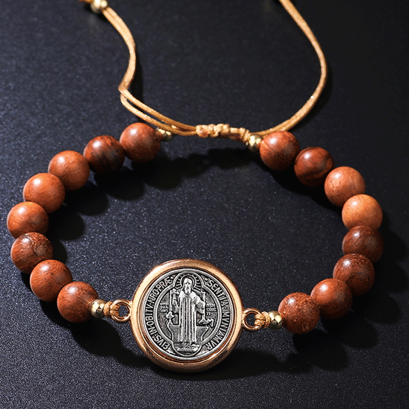🛡️A Guardian's Companion✨Natural Wooden Bead St. Benedict Bracelet🎁Adjustable, Suitable for Both Men and Women