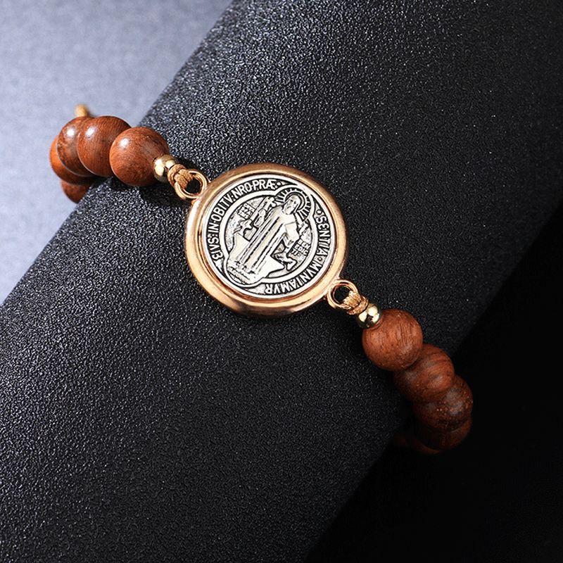 🛡️A Guardian's Companion✨Natural Wooden Bead St. Benedict Bracelet🎁Adjustable, Suitable for Both Men and Women