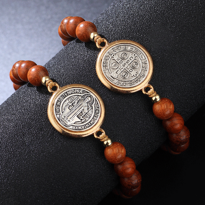 🛡️A Guardian's Companion✨Natural Wooden Bead St. Benedict Bracelet🎁Adjustable, Suitable for Both Men and Women