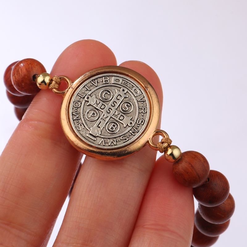 🛡️A Guardian's Companion✨Natural Wooden Bead St. Benedict Bracelet🎁Adjustable, Suitable for Both Men and Women
