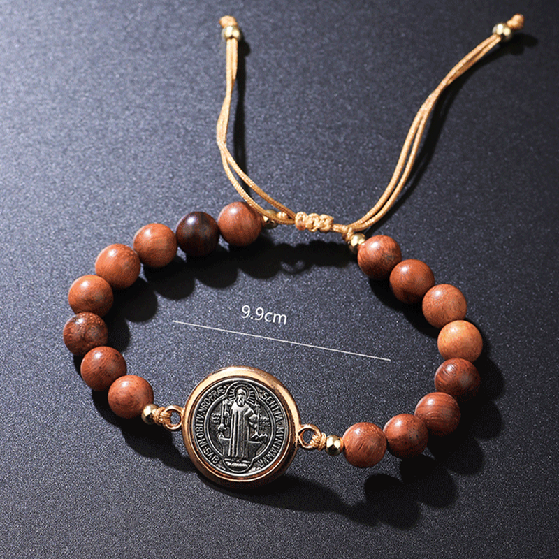 🛡️A Guardian's Companion✨Natural Wooden Bead St. Benedict Bracelet🎁Adjustable, Suitable for Both Men and Women