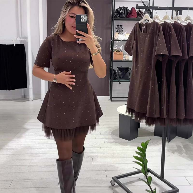 Women’s Sparkling Lace Trim Short-Sleeve Mini Dress