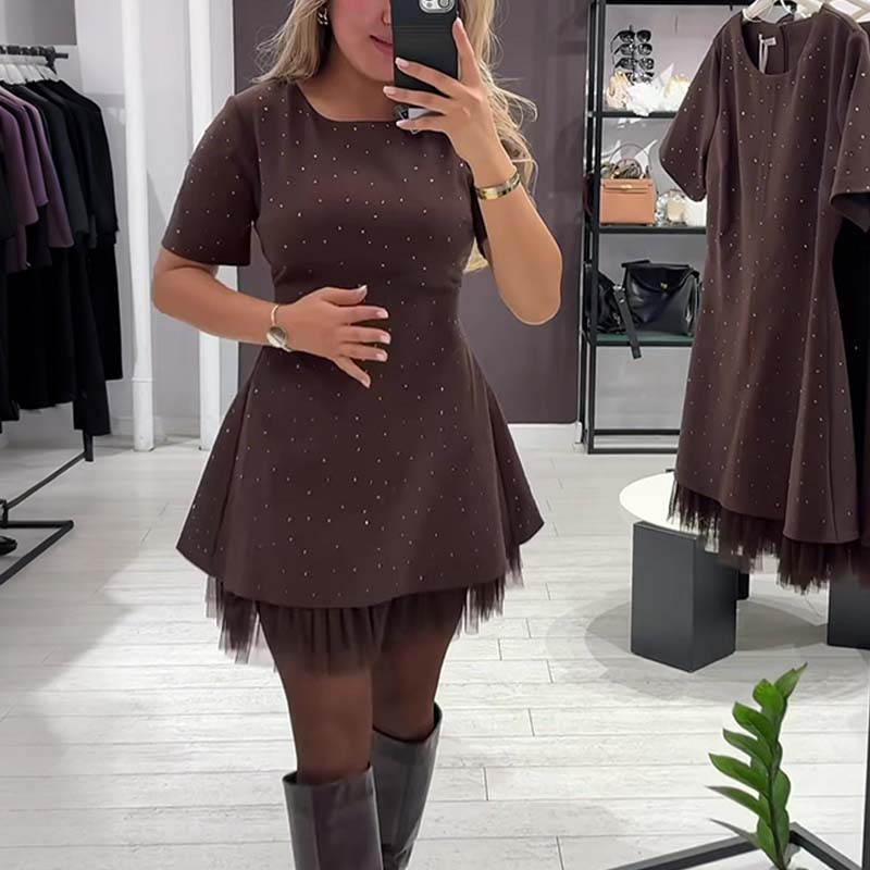 Women’s Sparkling Lace Trim Short-Sleeve Mini Dress