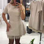 Women’s Sparkling Lace Trim Short-Sleeve Mini Dress