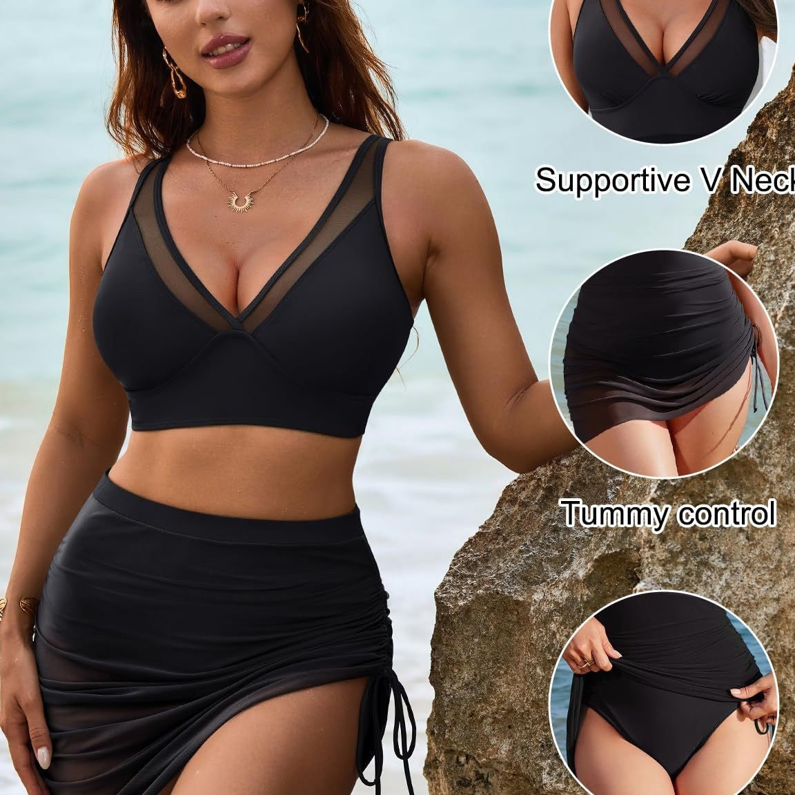 🏝️💖👙Slimming Mesh Sheer Sarong Wraps Tummy Control Swimsuit