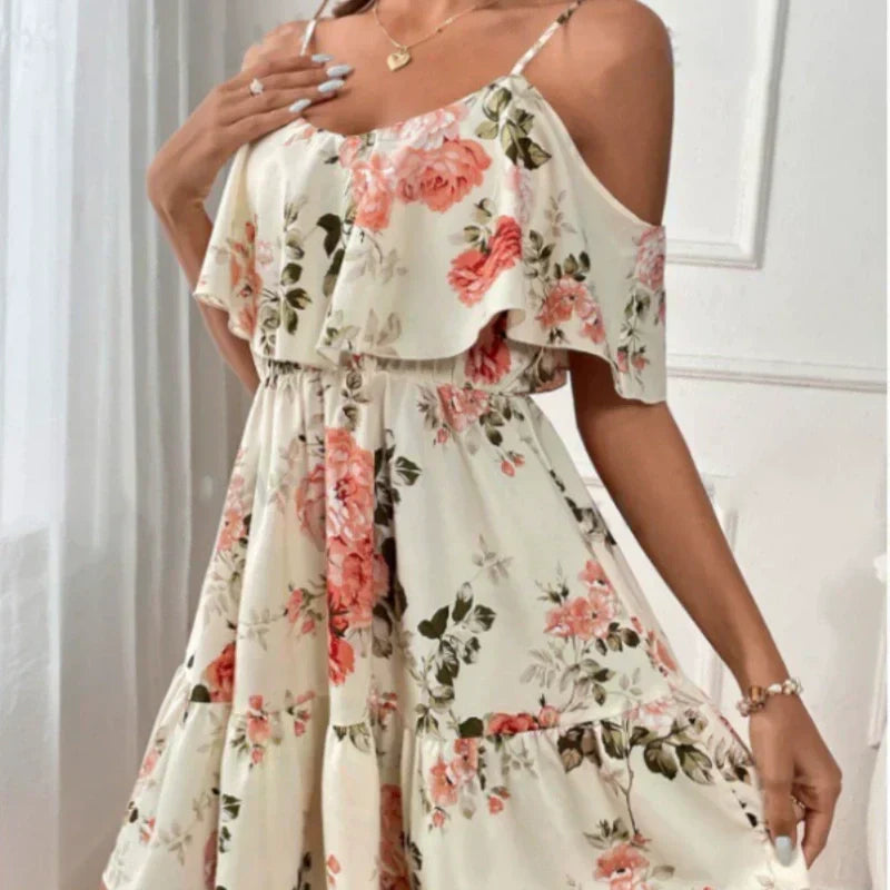 Women's Boho Floral Print Cold Shoulder Dress