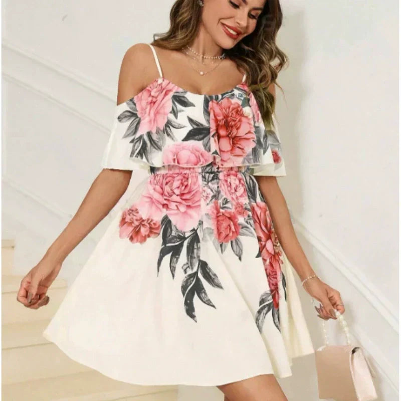 Women's Boho Floral Print Cold Shoulder Dress