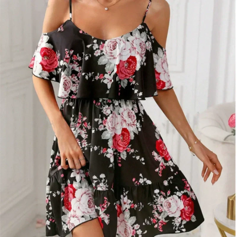 Women's Boho Floral Print Cold Shoulder Dress