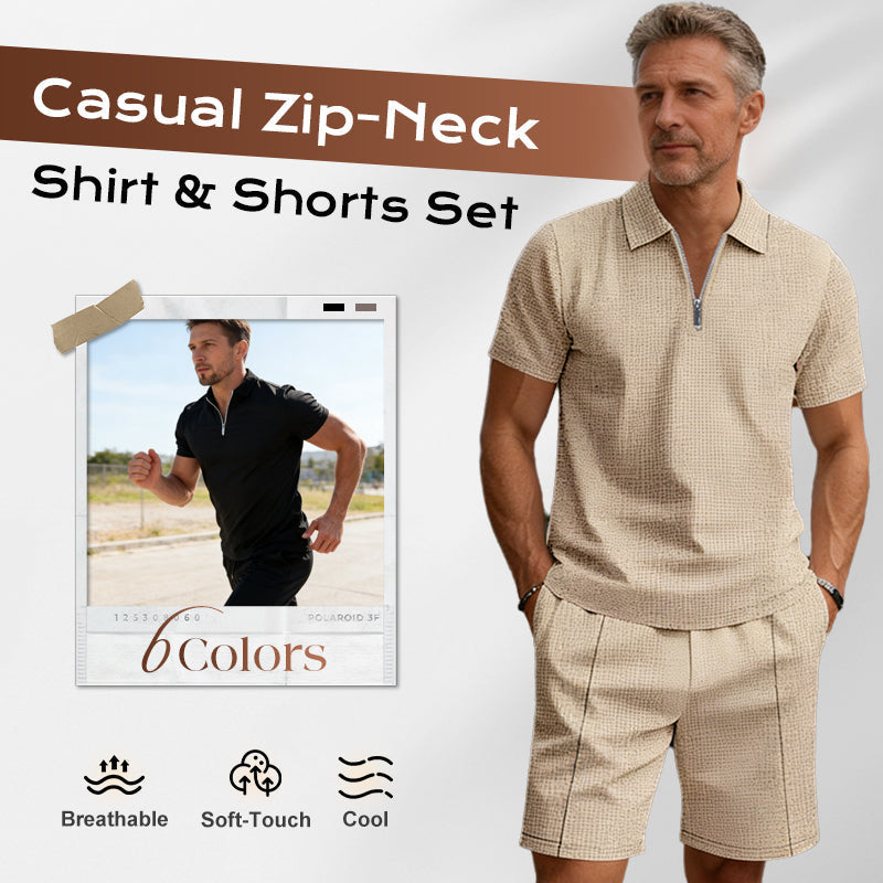 Summer Casual Zip-Neck Shirt & Shorts Set