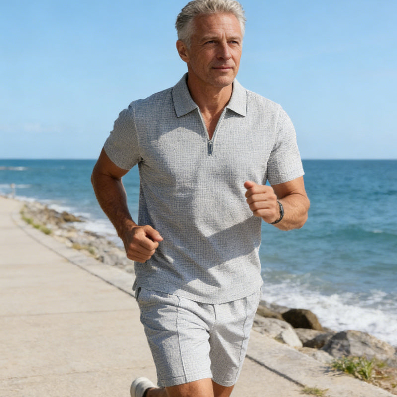 Summer Casual Zip-Neck Shirt & Shorts Set