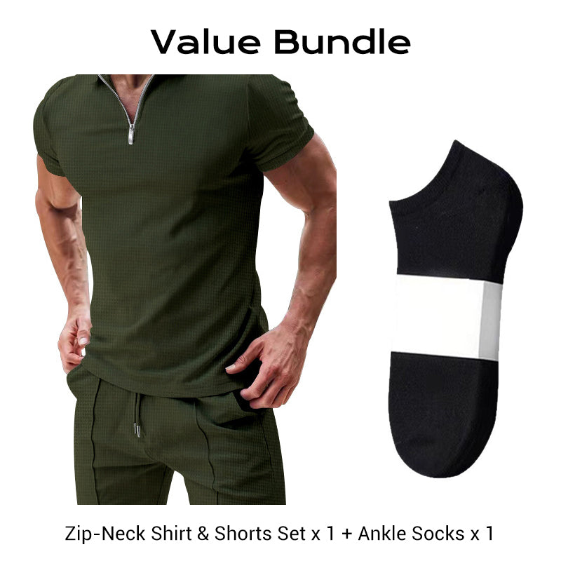 Summer Casual Zip-Neck Shirt & Shorts Set